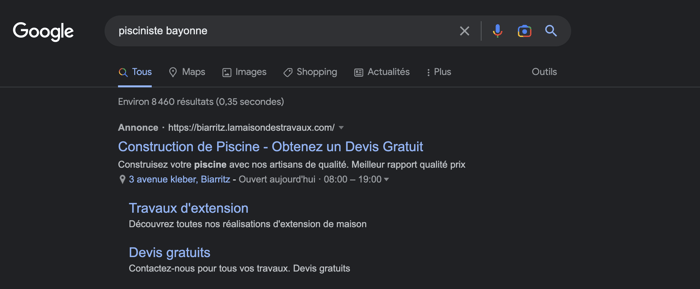 Exemple Annonce page de résultat SEA monter sur google