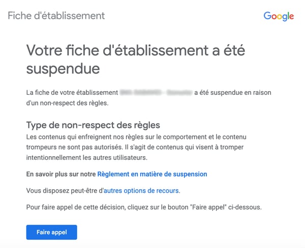 exemple message mail google fiche gmb suspendue