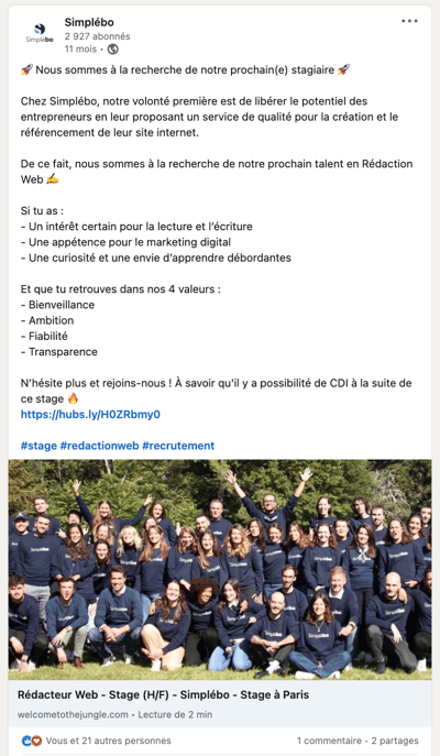 Exemple publication offre de stage page LinkedIn de Simplébo