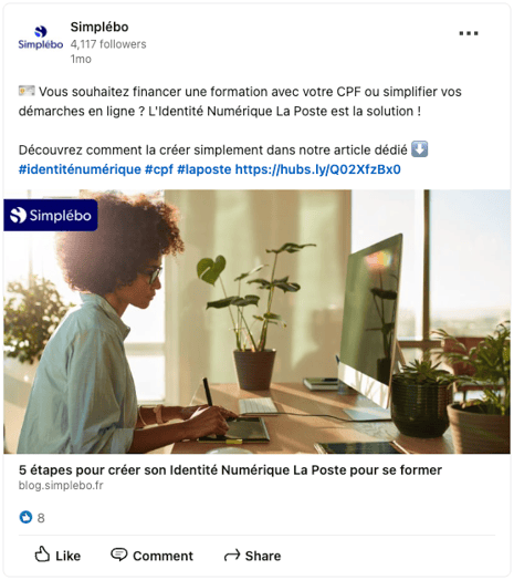 Exemple publication LinkedIn vers article de blog Simplébo