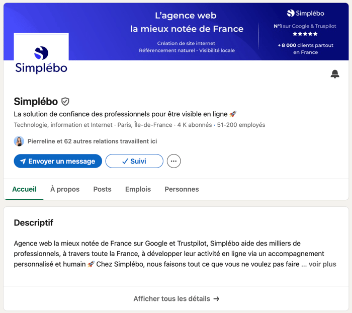 Capture page professionnelle de Simplébo sur LinkedIn
