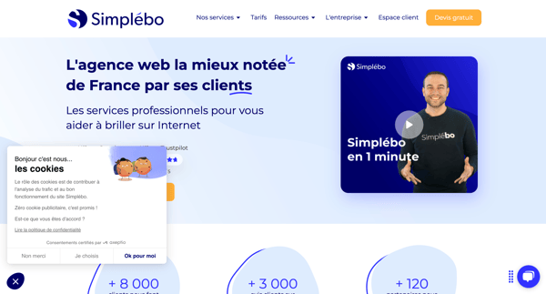 capture du site Simplébo avec la fenêtre de consentement des cookies