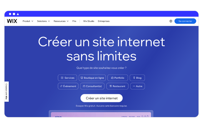 wix interface du site internet CMS